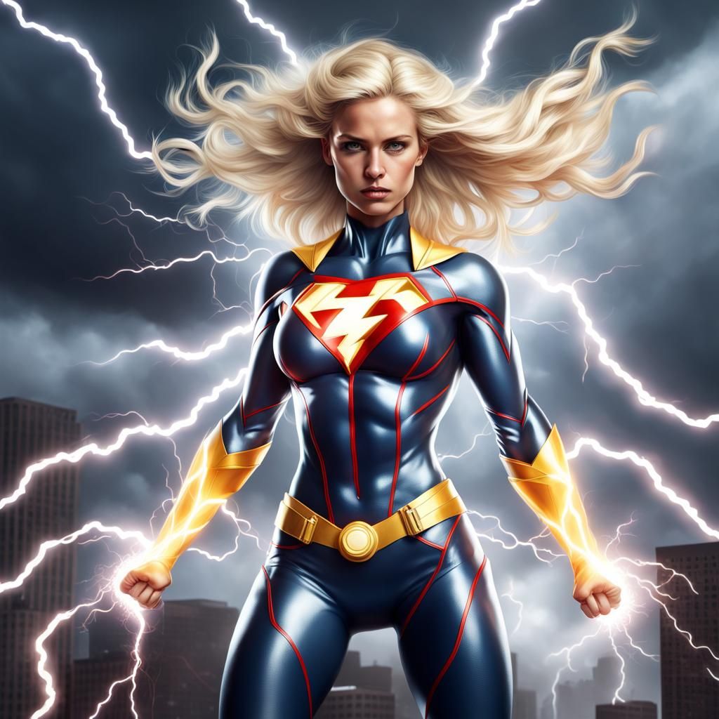 realist, stunning detailed, female superhero blonde full body electricity around her body storm look