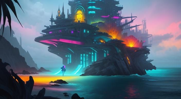 Tropical Cyberpunk Fortress on Bioluminescent Beach