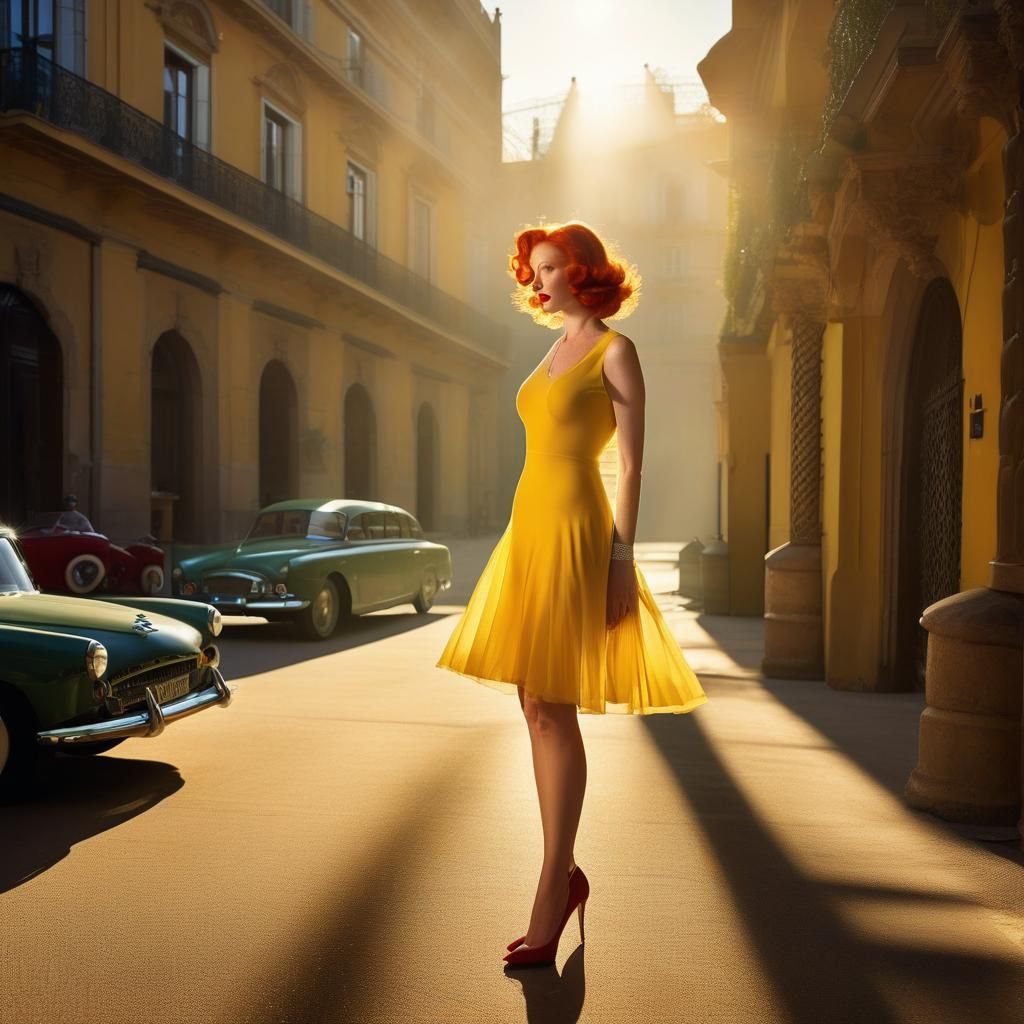 Redhead in Yellow Dress: Photorealistic Golden Hour Portrait
