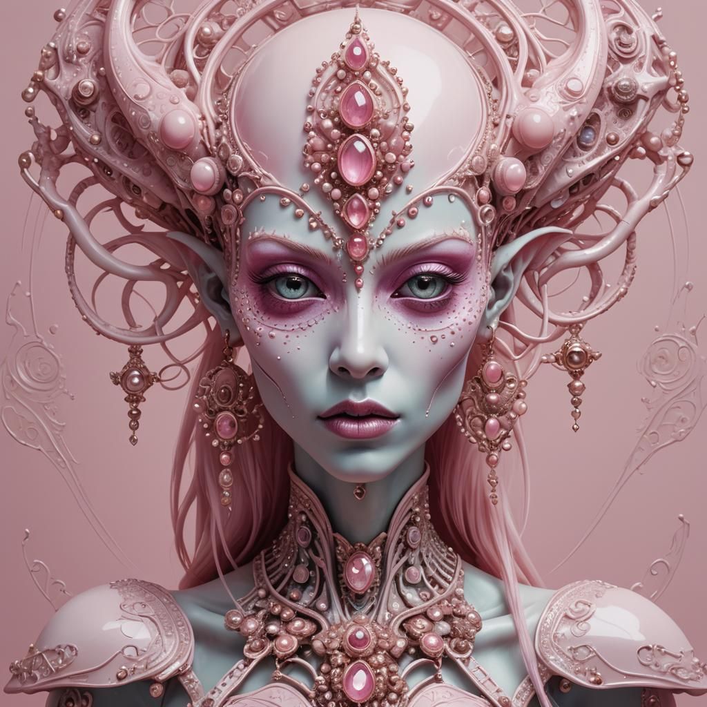 Fantasy Alien Woman with Pink Porcelain Skin in Synthographi...