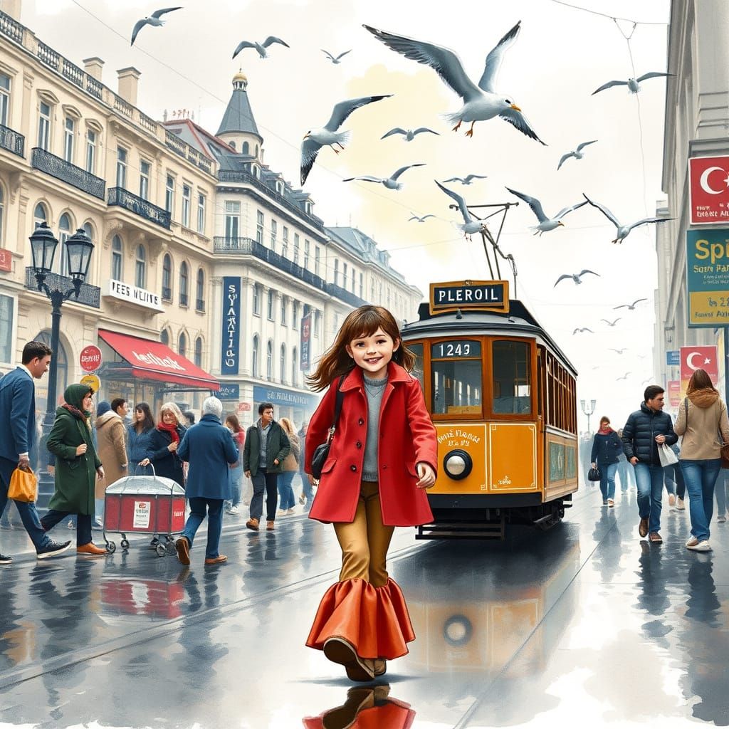 Charming Watercolor of Girl on Istanbul's Bustling Istiklal ...