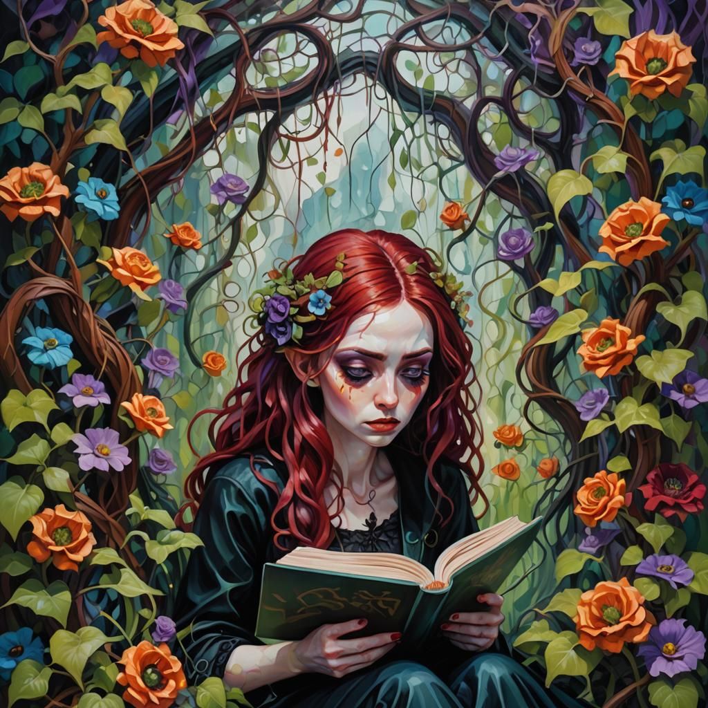 Gothic Woman Reading: Surreal Vibrant Oil Painting