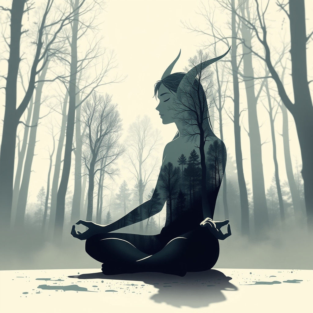 Meditating Elf Silhouette with Forest Elements