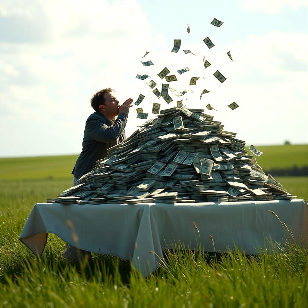 Funny Image of Man Blowing Away a Pile of Money