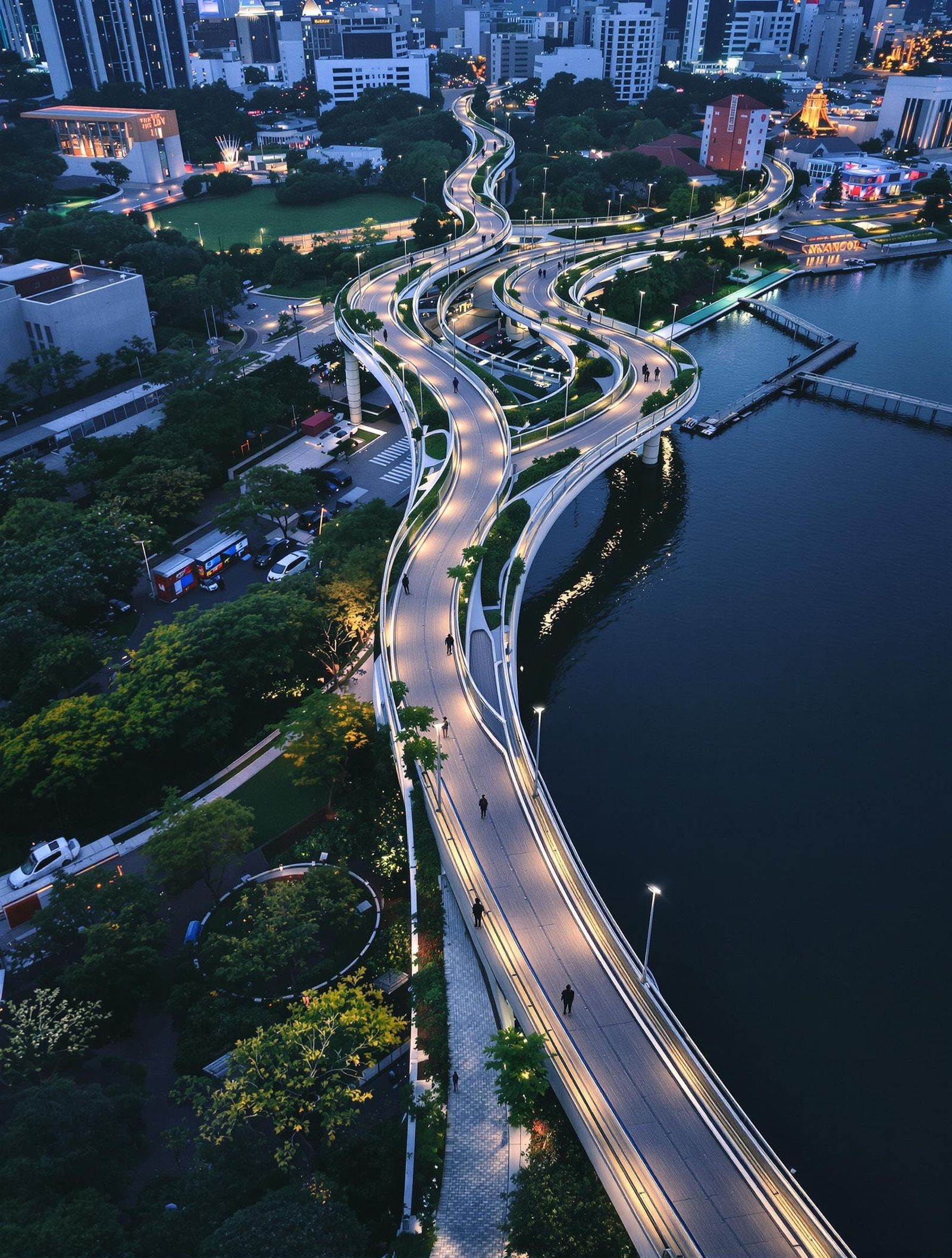 Futuristic Pedestrian Bridge at Night in Photorealistic Styl...