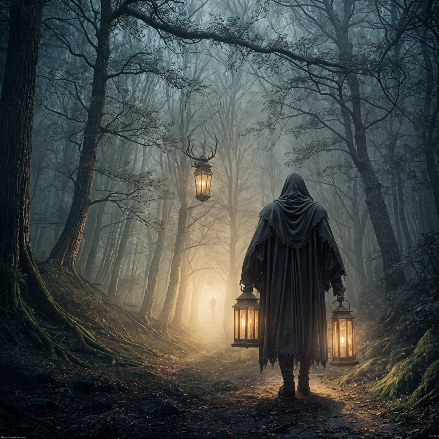 Antlered Giant in Misty Forest with Lanterns