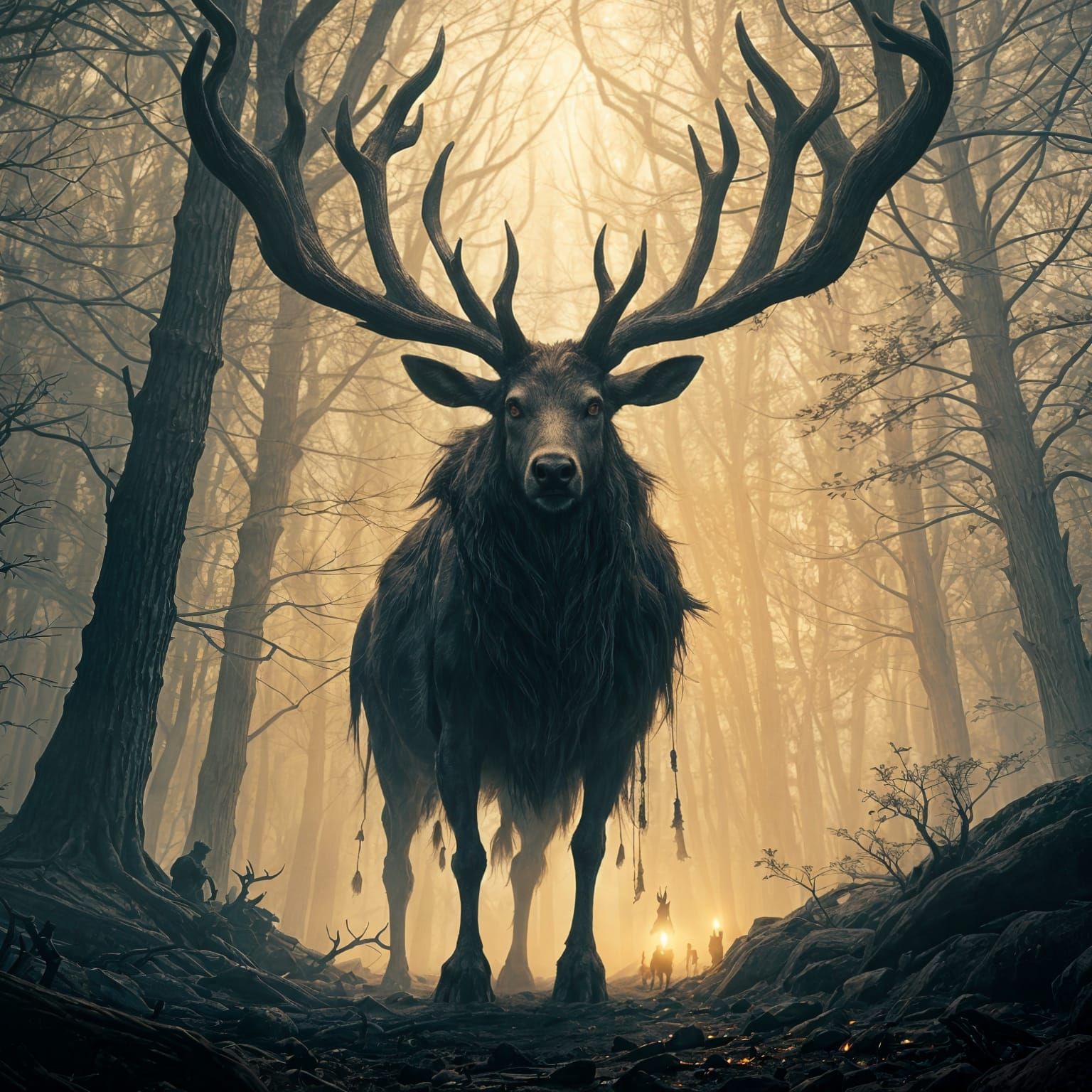 Antlered Giant in Misty Forest with Lanterns