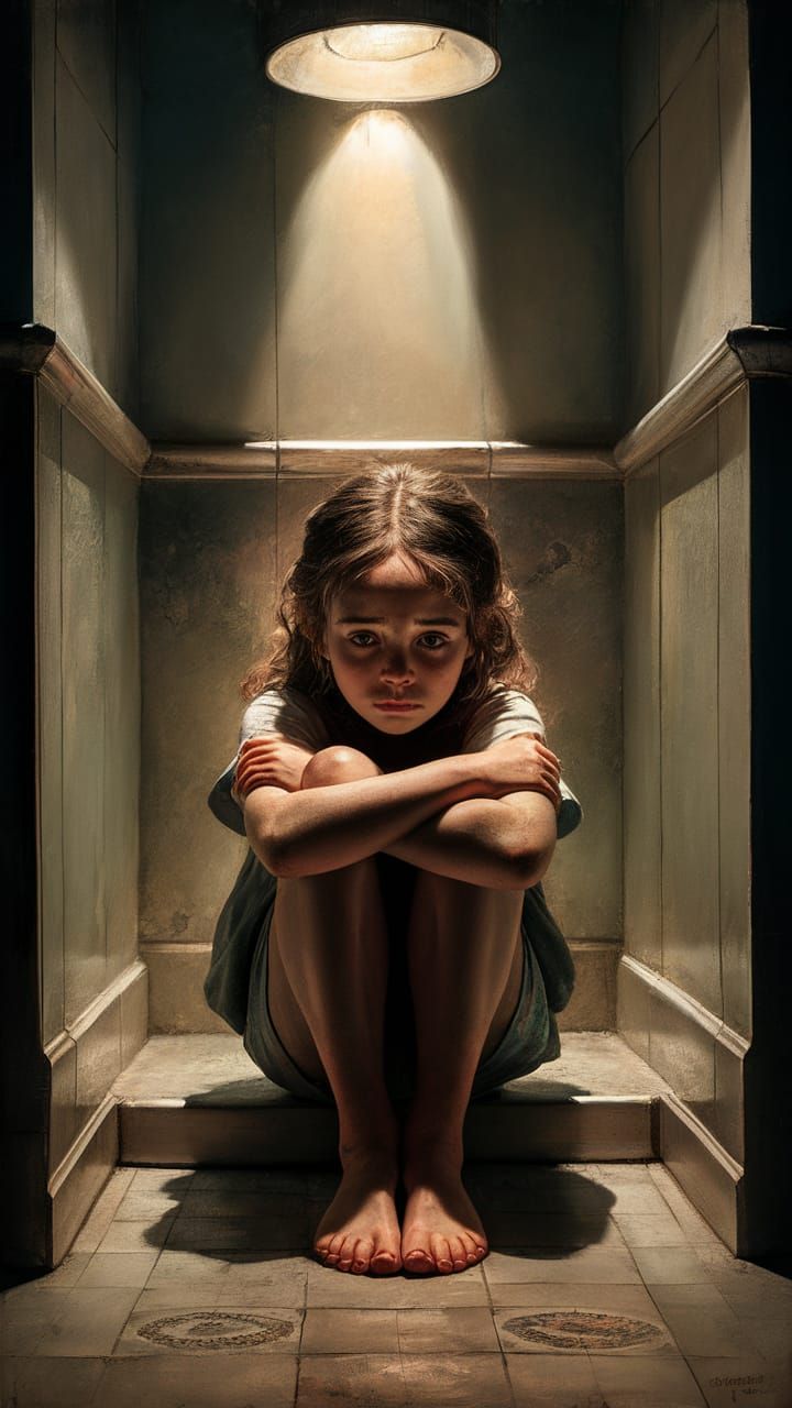 Melancholic Girl in Dim Bathroom: An Oil Painting