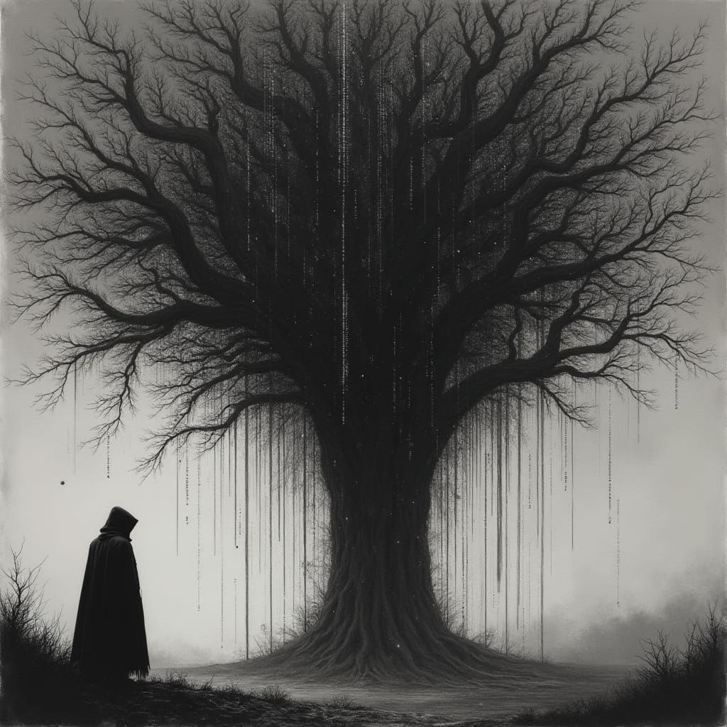 Hooded Figure in Glitching Digital Forest