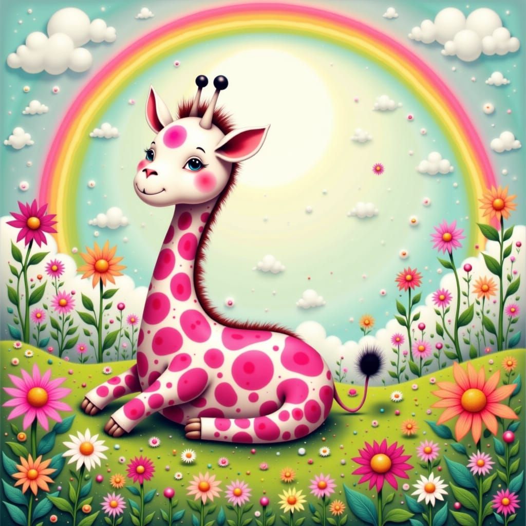 Pink Giraffe Rests in Flower Garden Under Rainbow