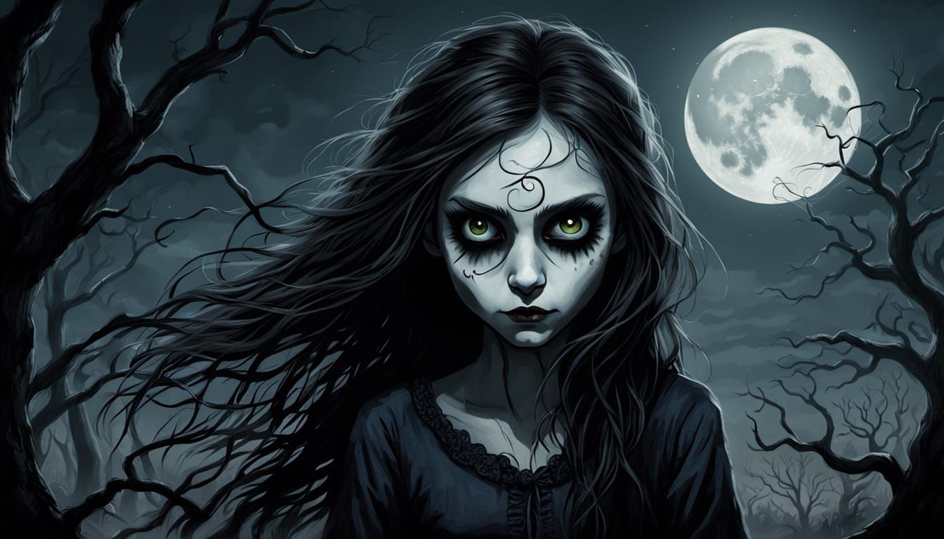 Tall Girl in Tattered Clothes Under a Full Moon