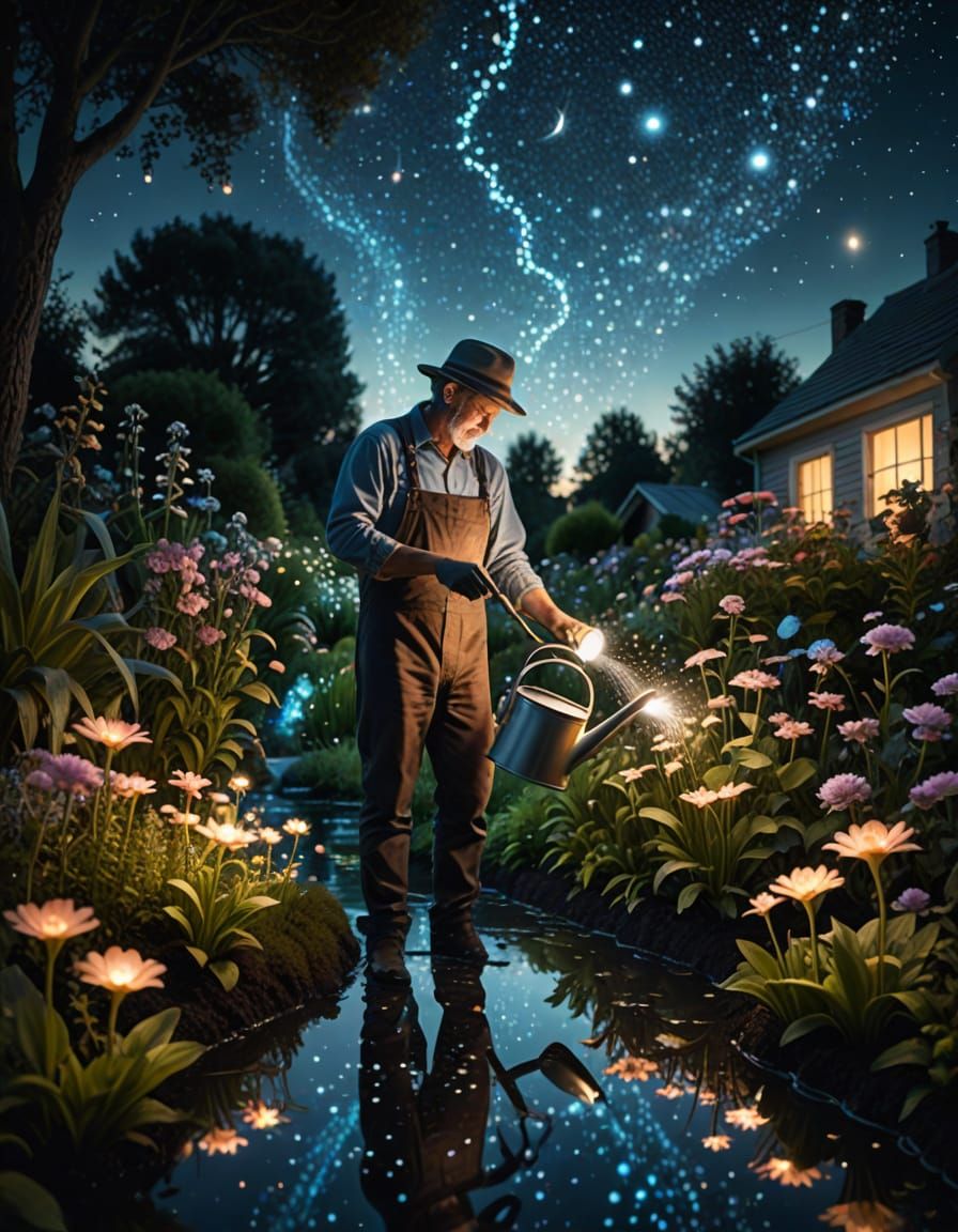 Magical Gardener Pours Starlight on Glowing Plants at Dusk