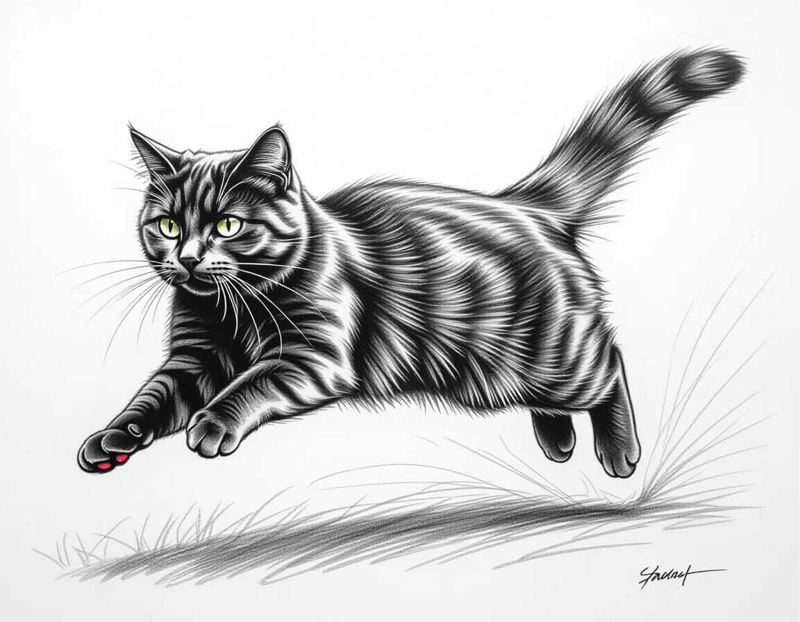Charcoal Pencil Drawing of a Jumping Cat