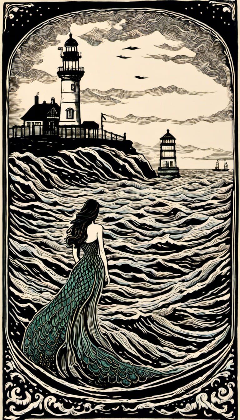 Mermaid at Portsmouth Harbor in Burtonesque Woodcut