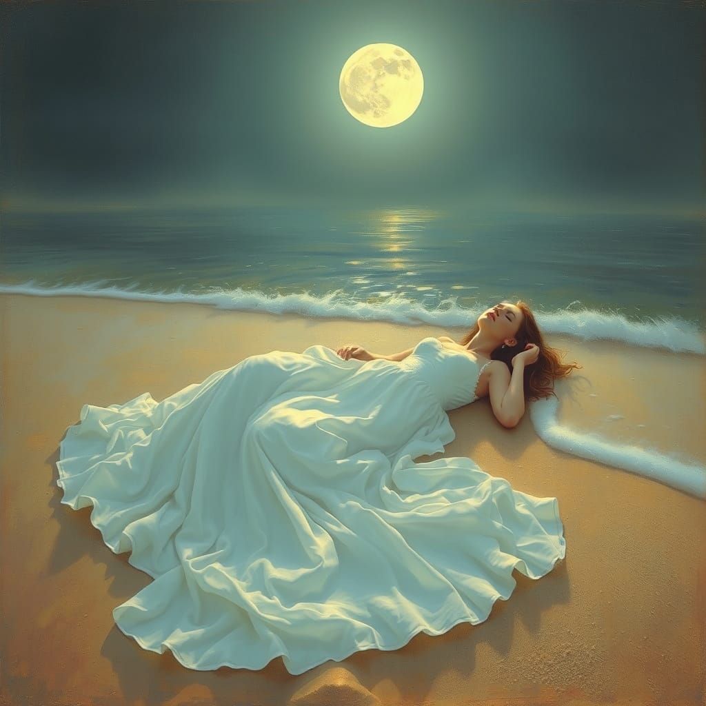 Serene Woman on Moonlit Beach in Dreamy Surreal Style