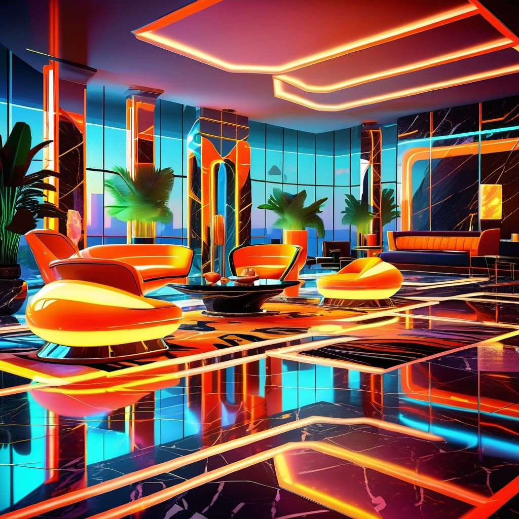 Vibrant Neon Luxury Hotel Lobby in 4K