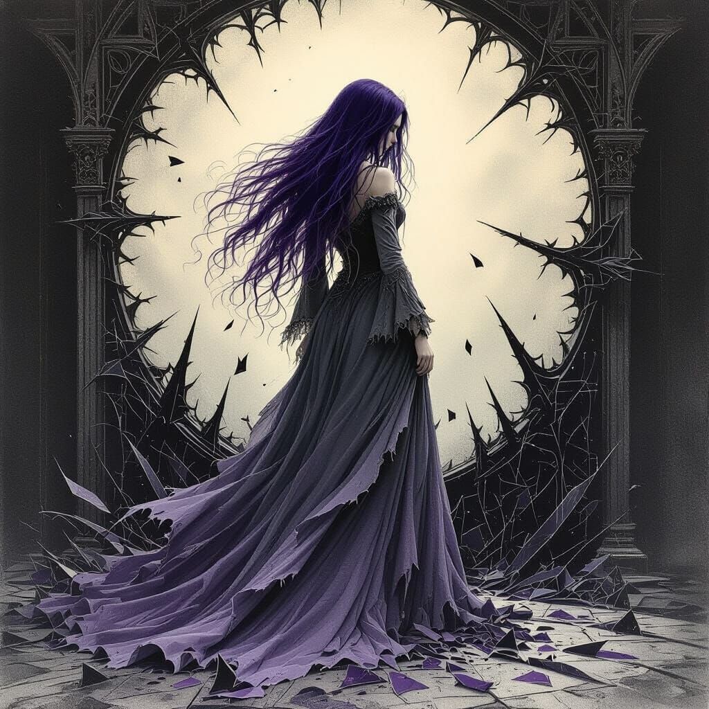 Shattering Violet Woman in Gothic Style