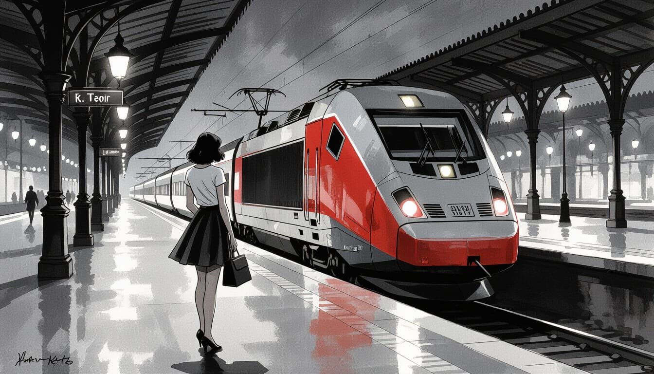 Woman at Parisian Station in Charcoal Sketch Style