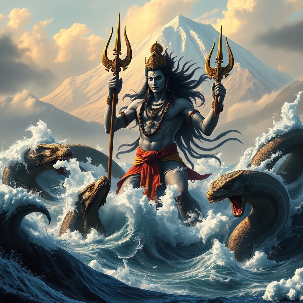 Epic Shiva Battles Sea Serpents in Turbulent Oceanic Landsca...