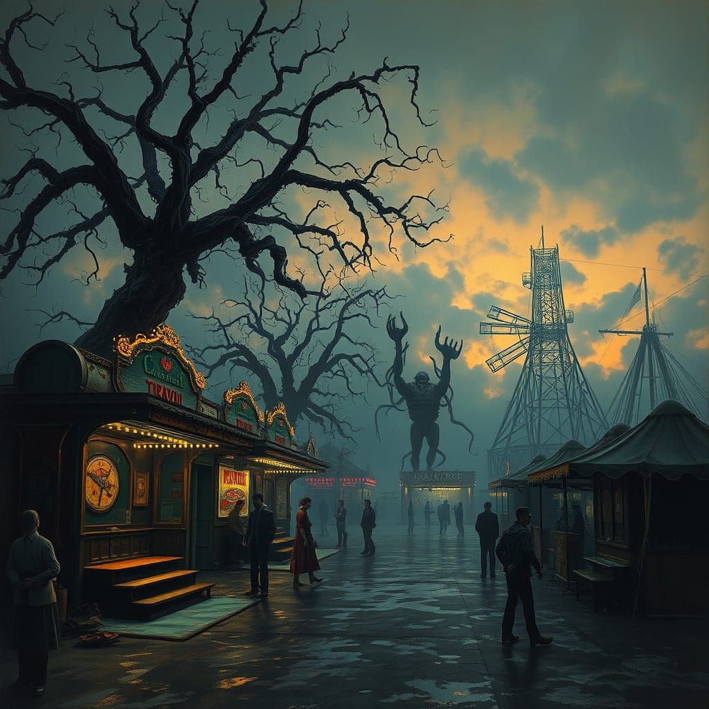 Mysterious Twilight Carnival Scene in Dark, Surrealist Style