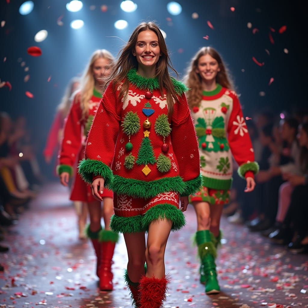 Joyful Models Showcase Ugly Christmas Sweaters on Fashion Ru...