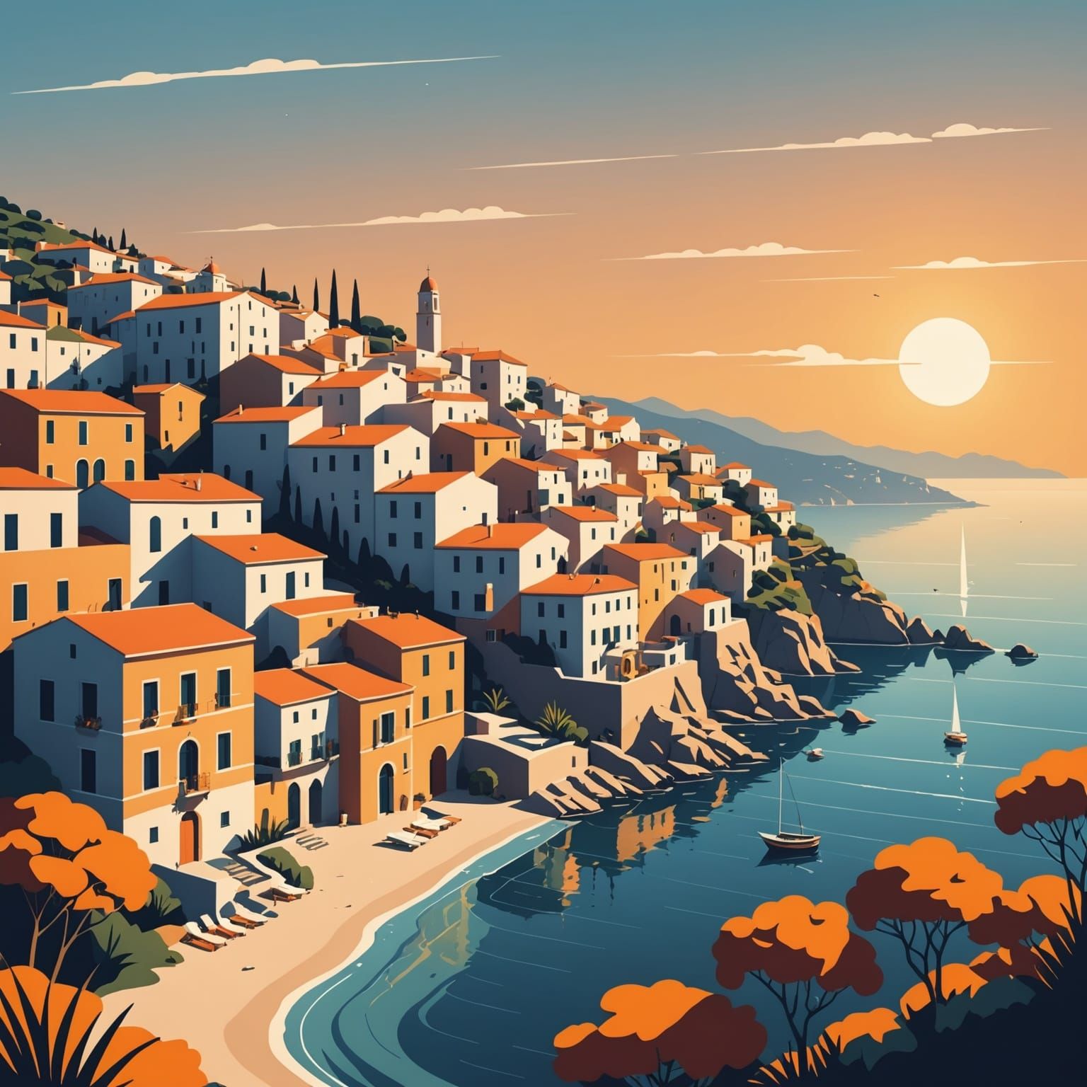 Stylized Mediterranean Town at Sunset in Flat Design