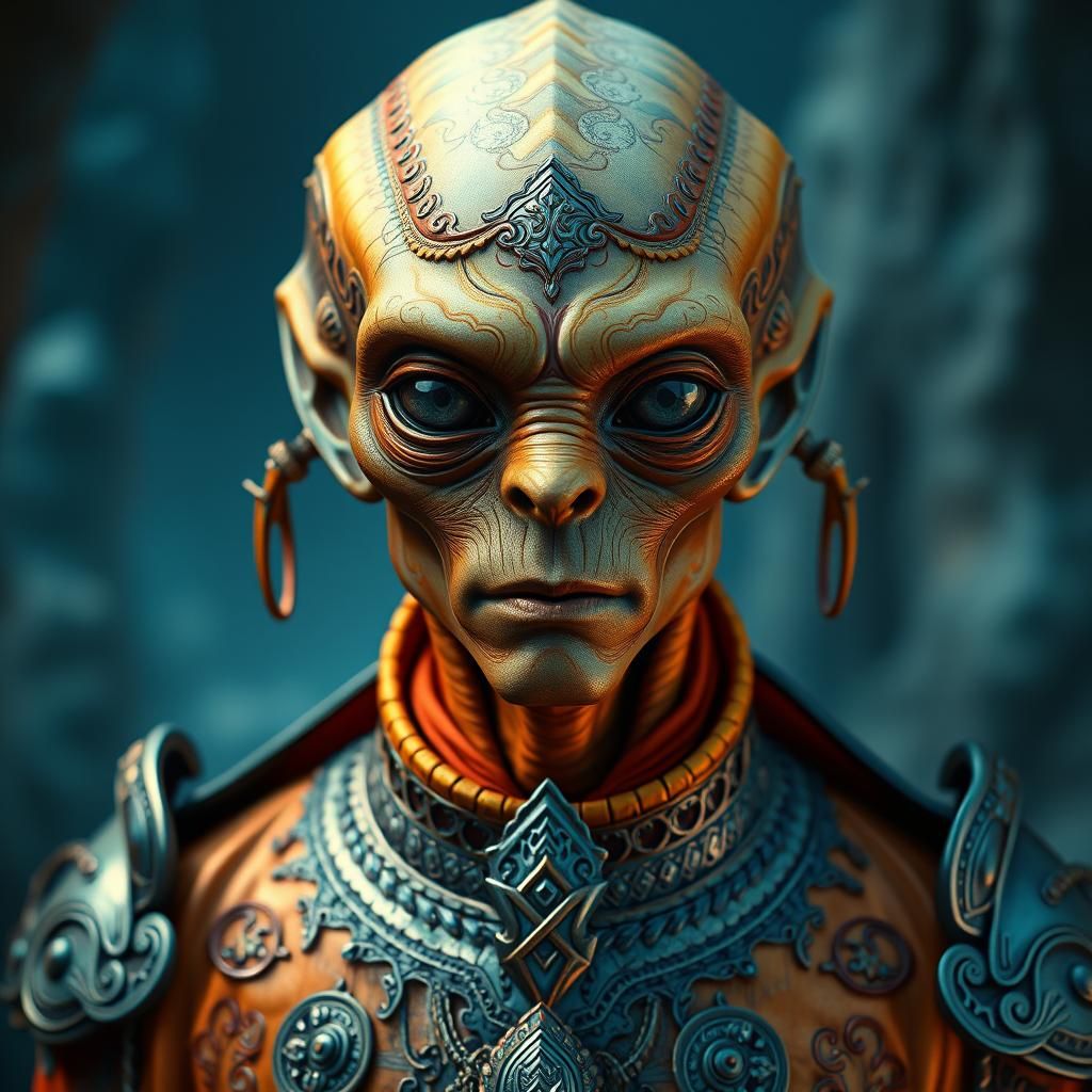 Alien in Ornate Metallic Attire, Matte Painting Aesthetic