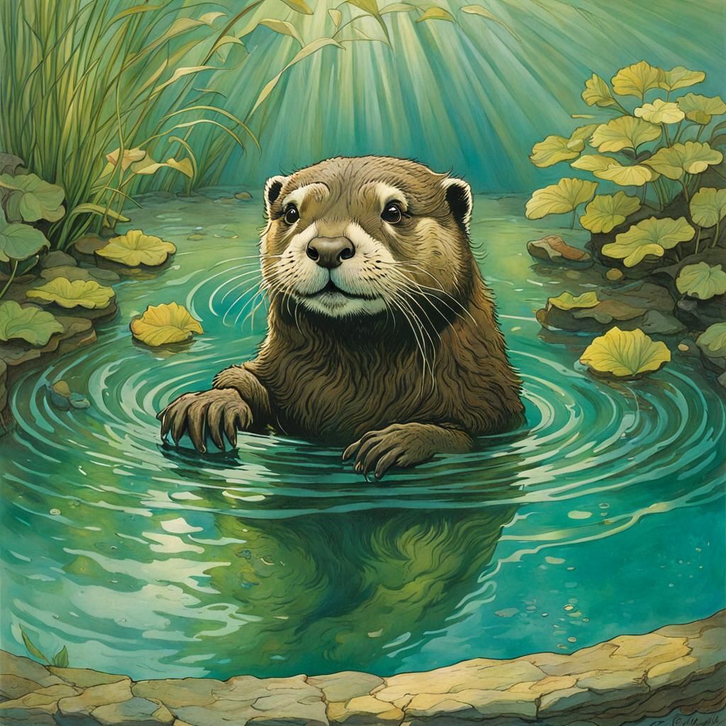 Happy Otter in Pool Children's Book Illustration