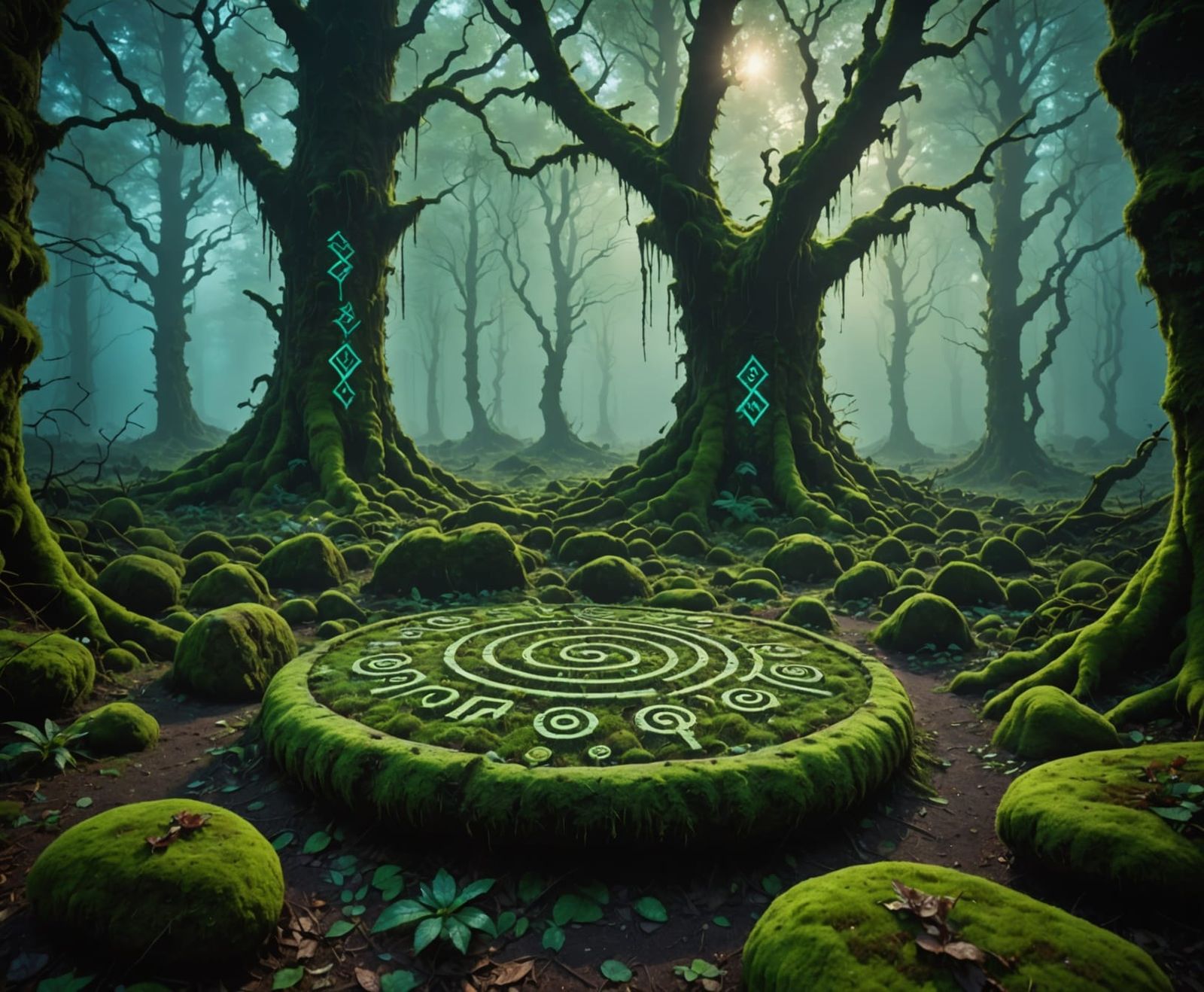 Mystical Glowing Forest with Ancient Runes and Fungi