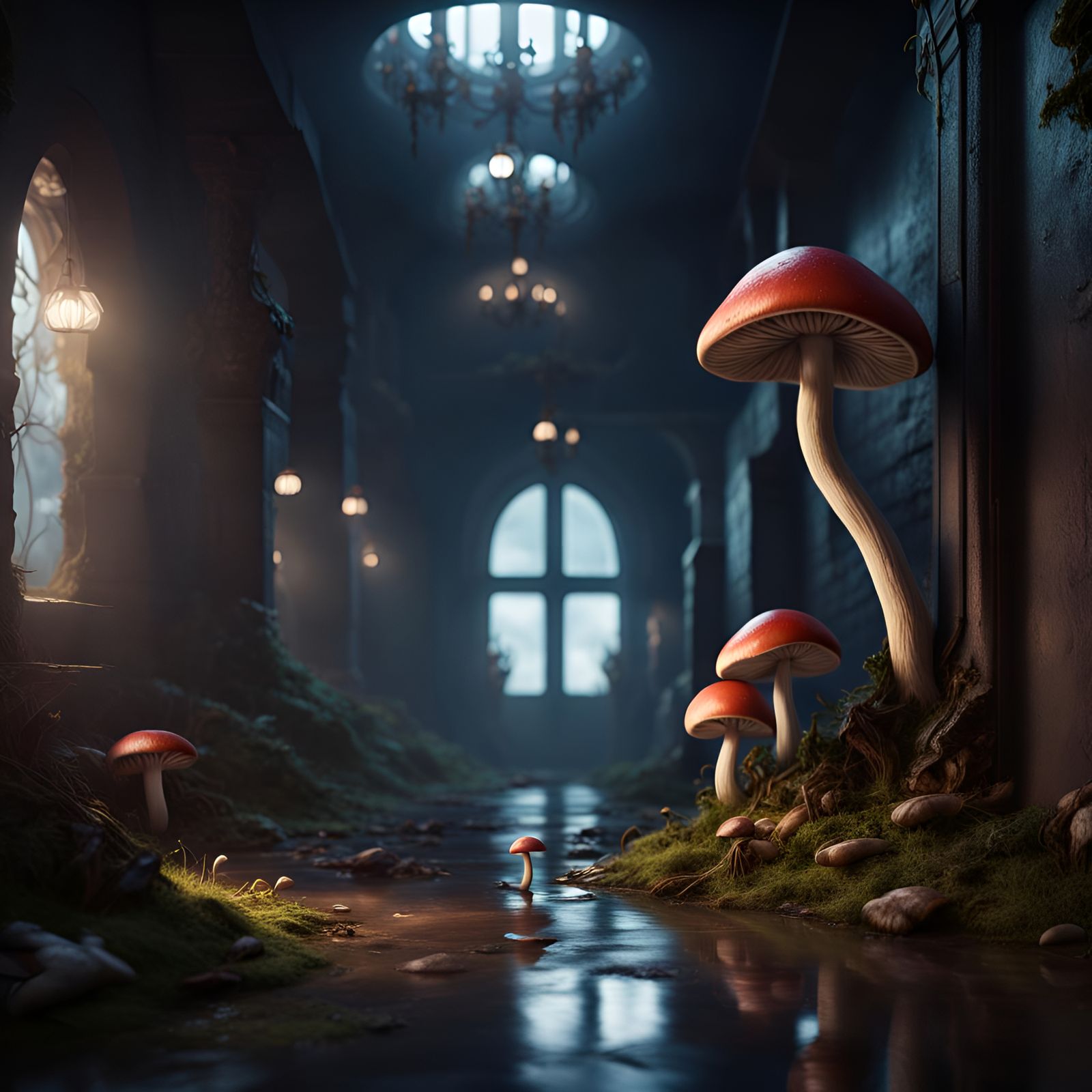 Glowing Mushrooms in Dark Hallway: Fantasy Concept Art