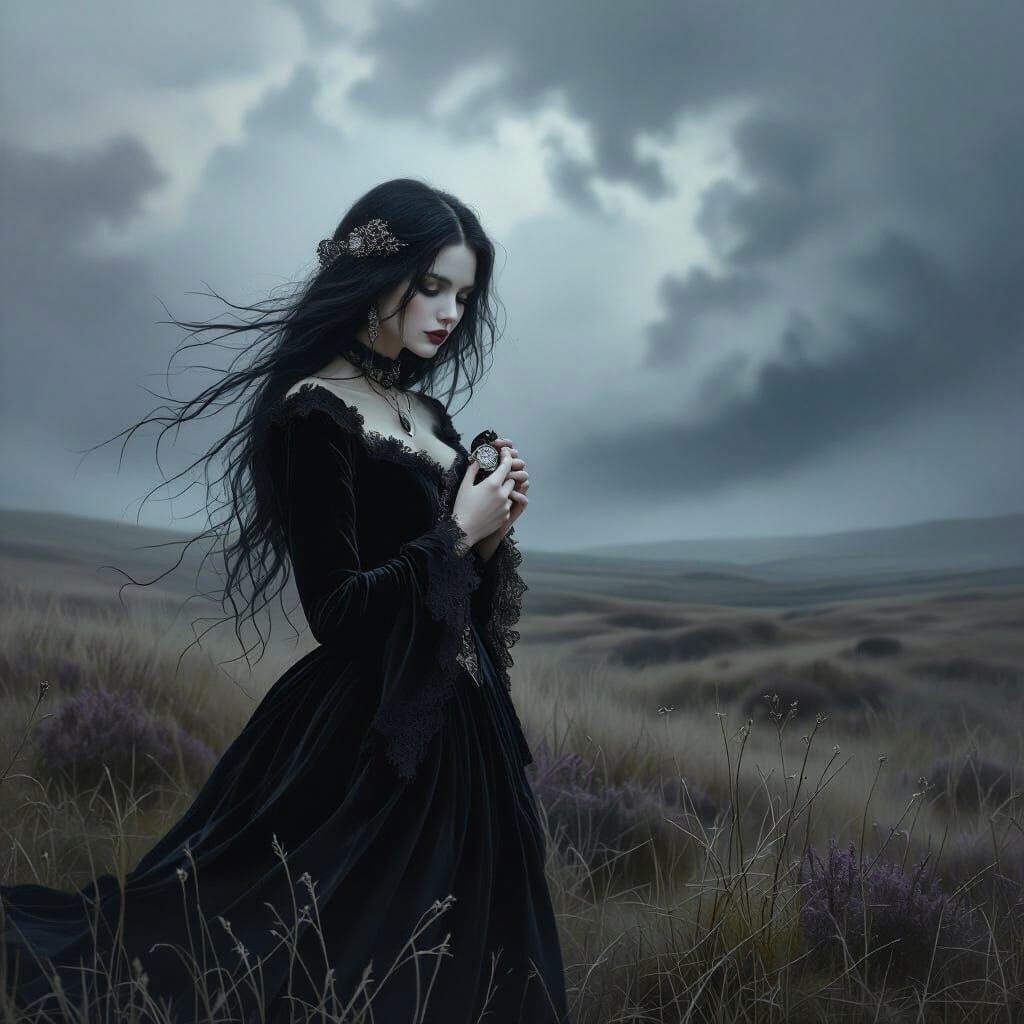Gothic Woman in Stormy Moor, Dark Romanticism