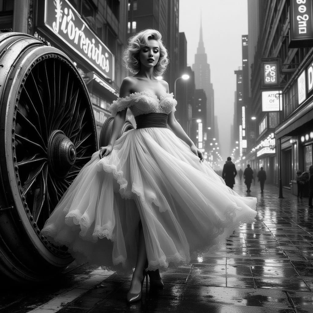 Futuristic Marilyn Monroe in Red Ball Gown and Stilettos ato...