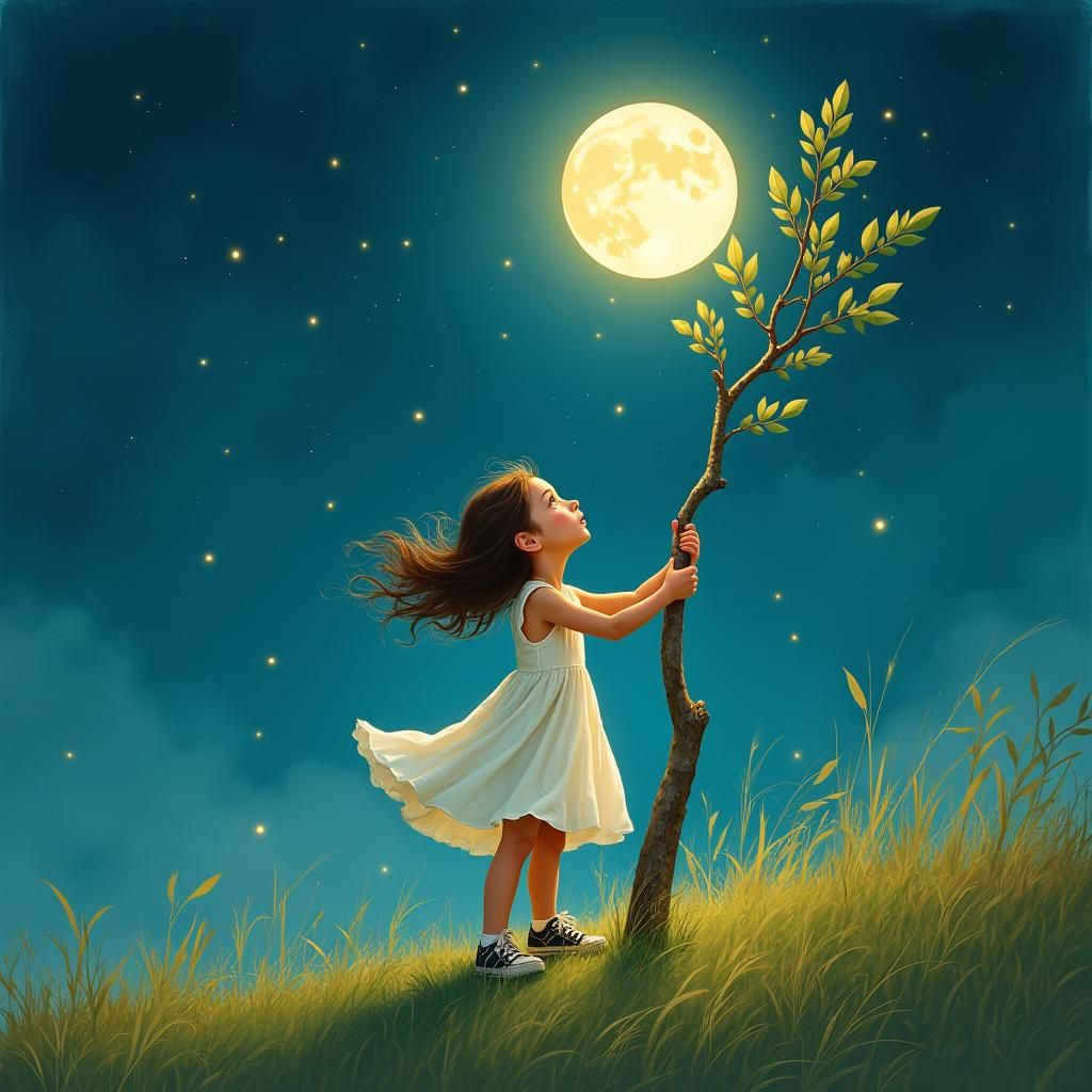 Girl Reaching for Moon in Expressive Art Style