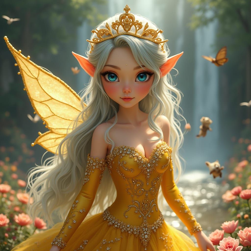 Golden Elf Princess in Floral Ball Gown with Pearls and Diam...