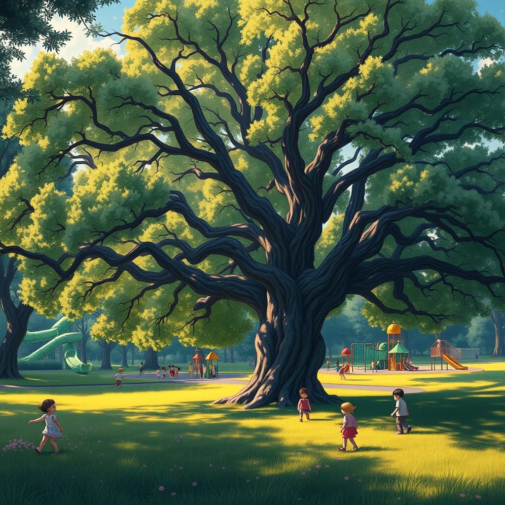 Majestic Soft Pastel Oak Tree in Whimsical Anime Style