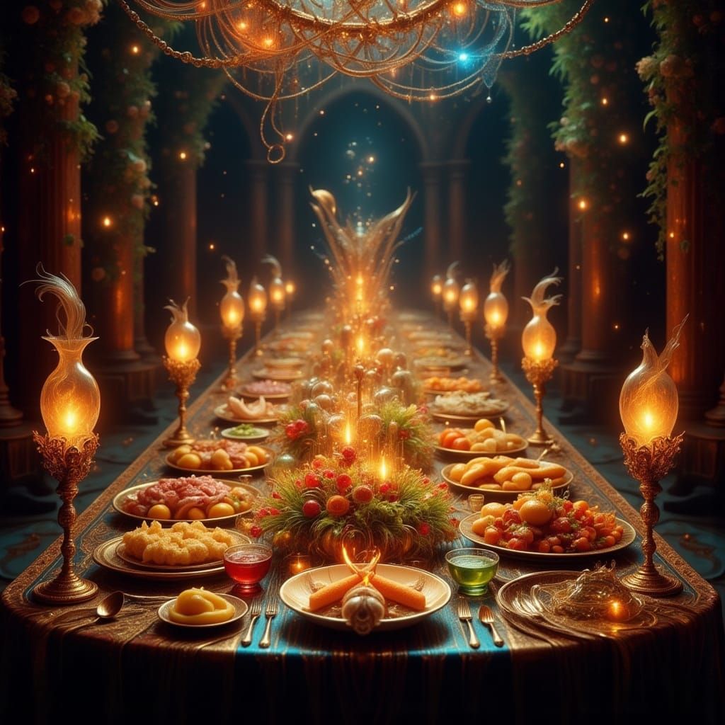 Opulent Banquet Table with Glowing Magical Food