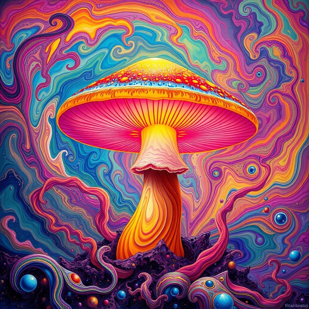 Vibrant Psychedelic Dreamscape with Glowing Mushroom
