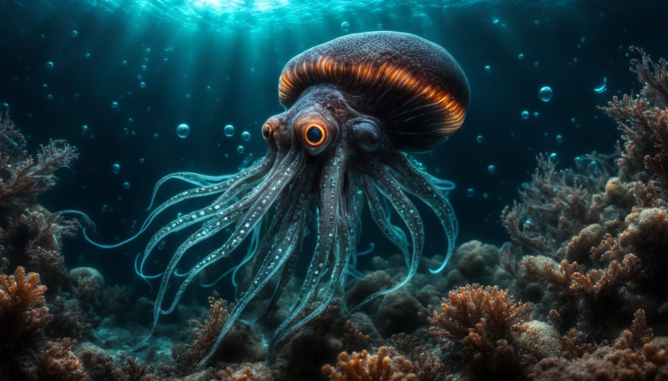 Bioluminescent Squid in Dark Underwater Scene