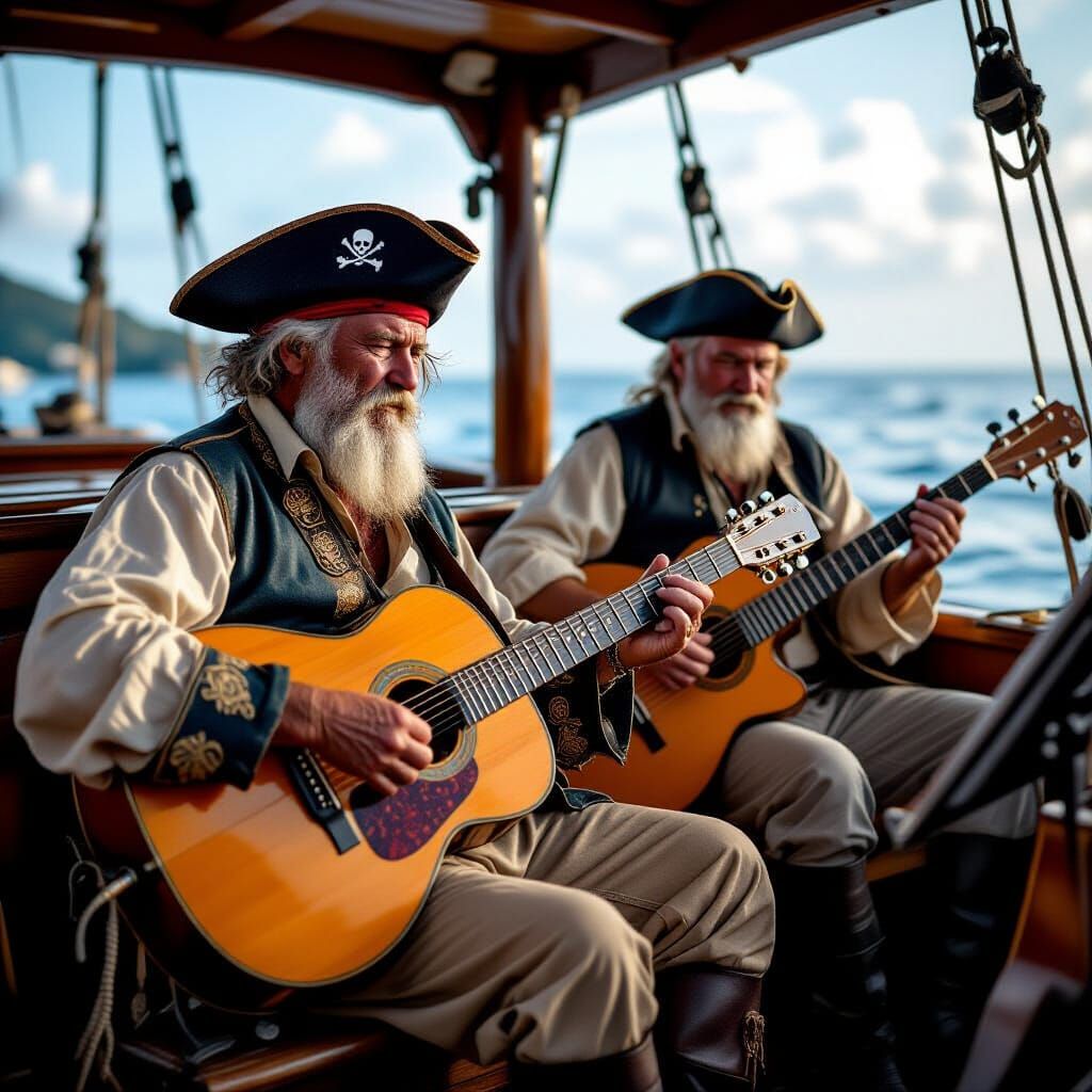 Pirate Musicians Sail the Seas Playing Guitars