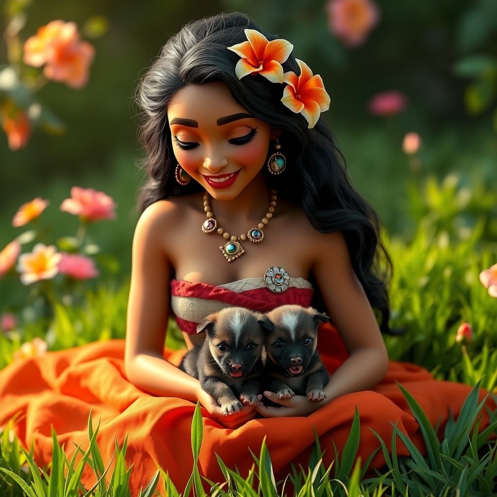 Moana Portrait with Puppies in Sumptuous Gown