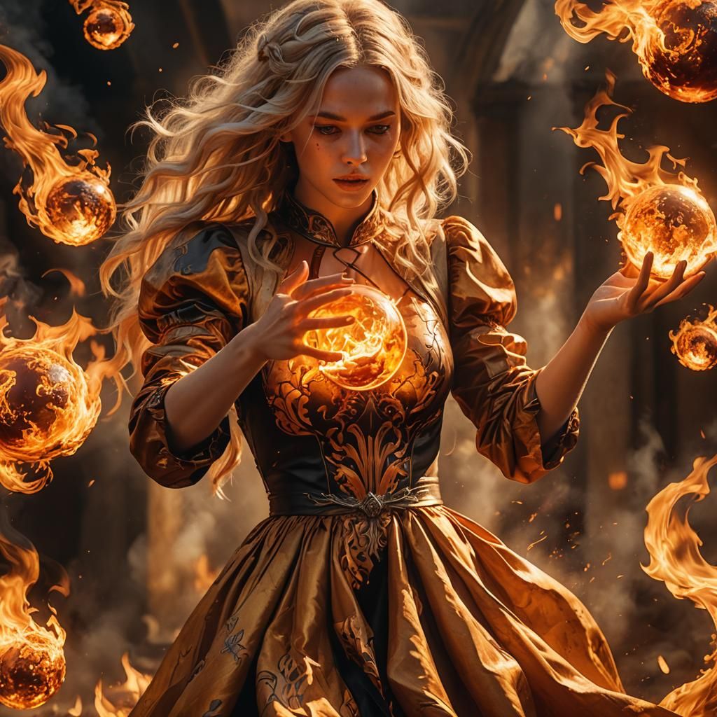 Girl Holds Fire Globe in Fiery Dress: Hyper-Realistic Art