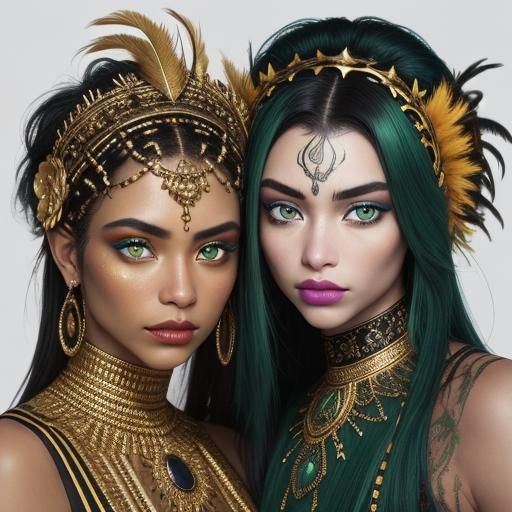 Golden Peacock Woman Portrait in Vibrant Bokeh