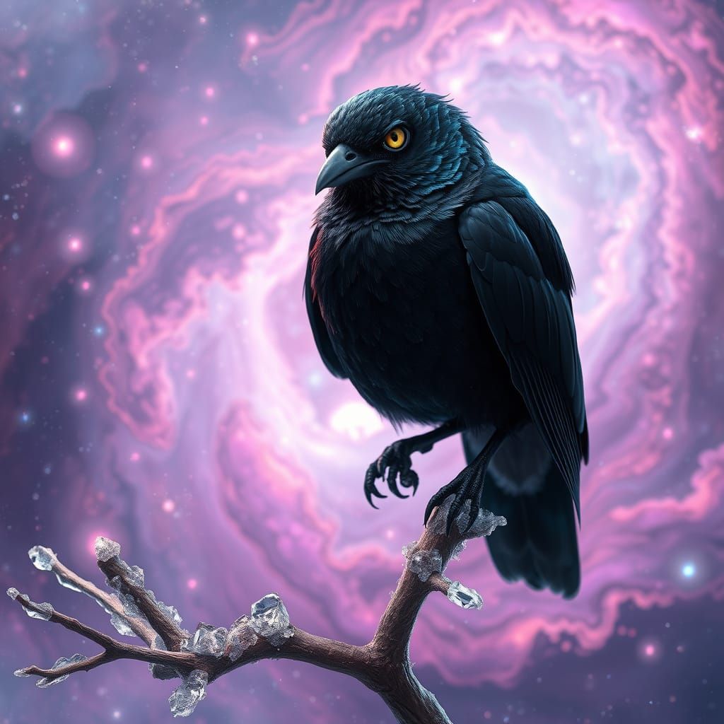 Ethereal Black Bird amidst Cosmic Nebula