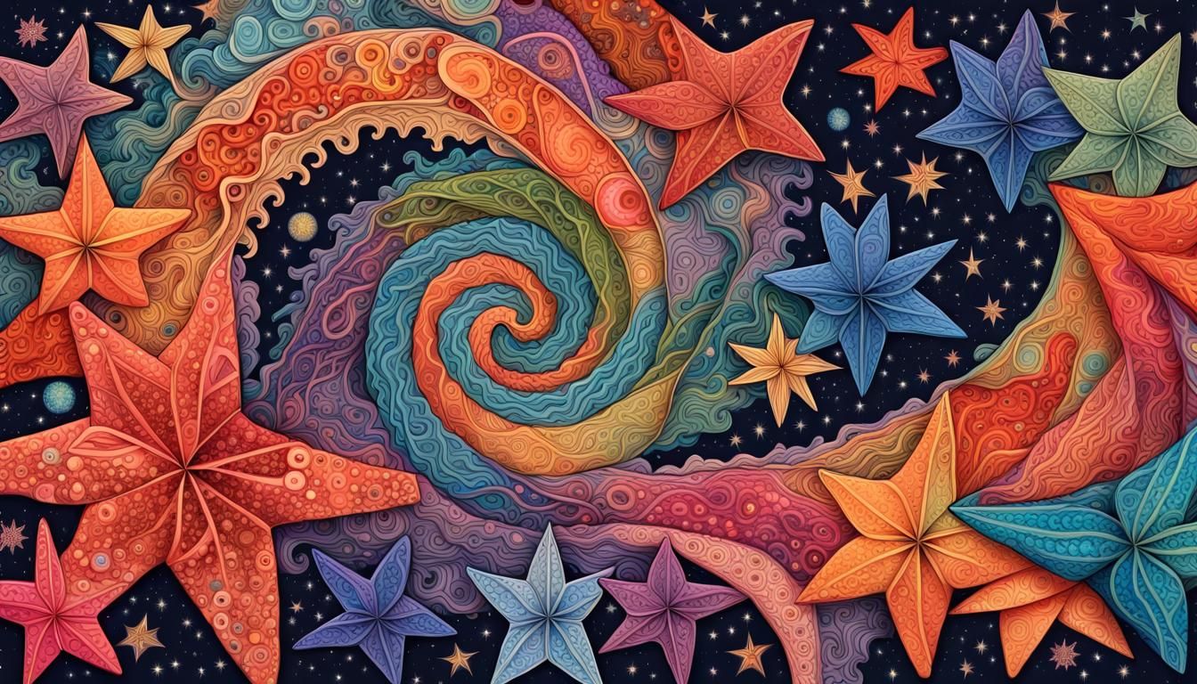 Cosmic Zentangle: Swirling Jelly Stars in Folk Art Style