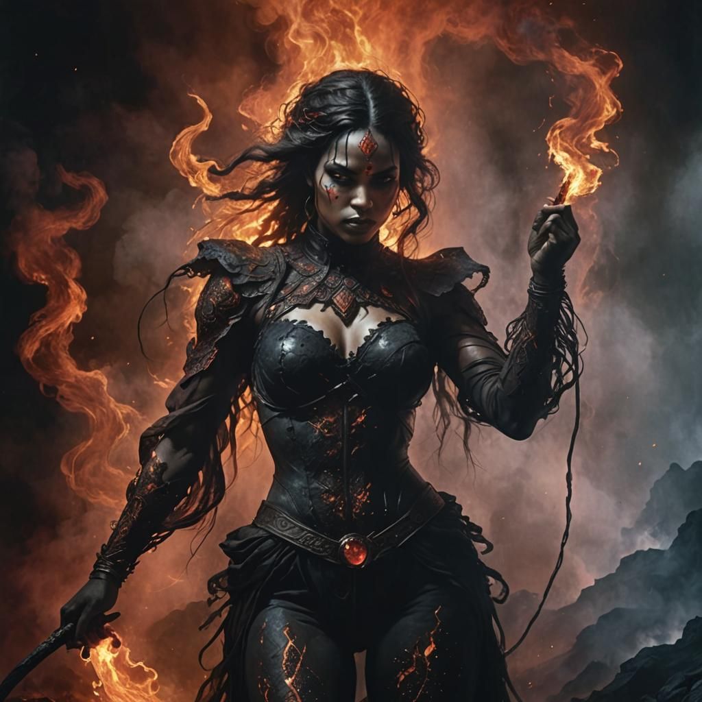 Magma Goddess with Fiery Whip in Surreal Style