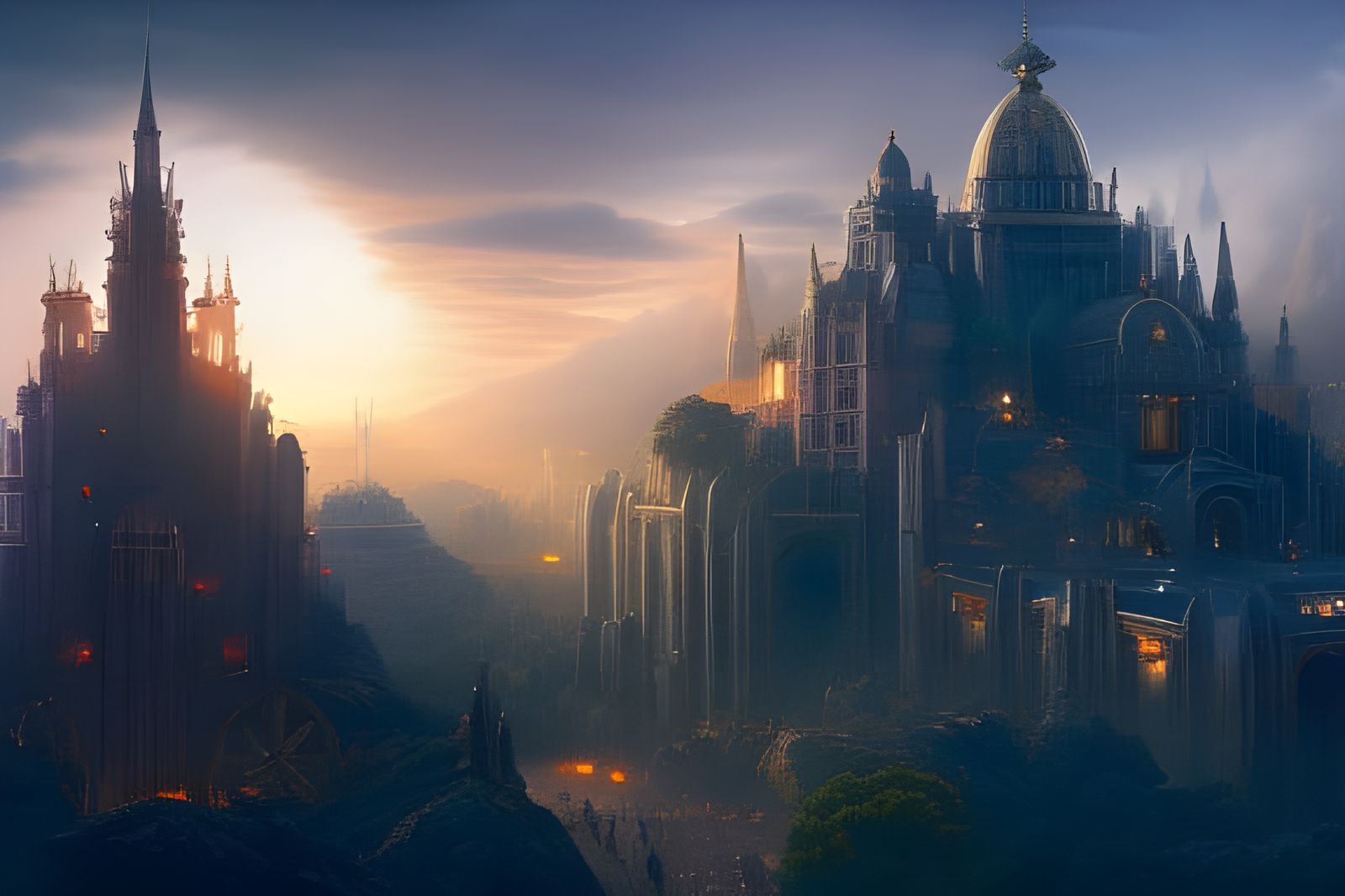 Epic Cityscape Reflection in Maximalist Digital Painting