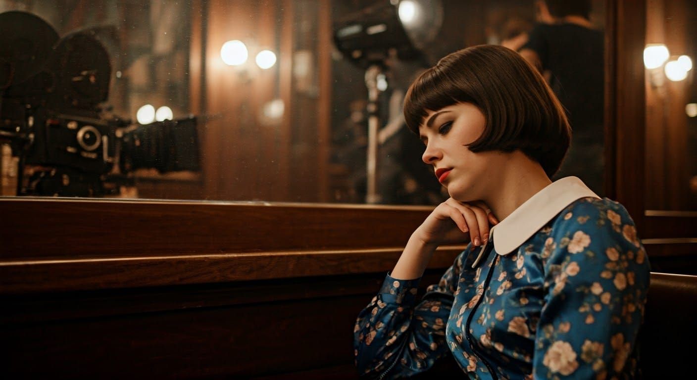 1970s Film Set: Woman in Blue Floral Dress