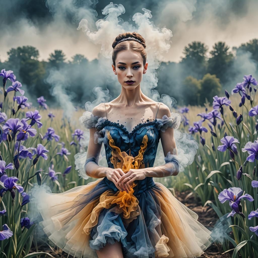 Smoke Ballerina in Futuristic Iris Field: Digital Pop Art