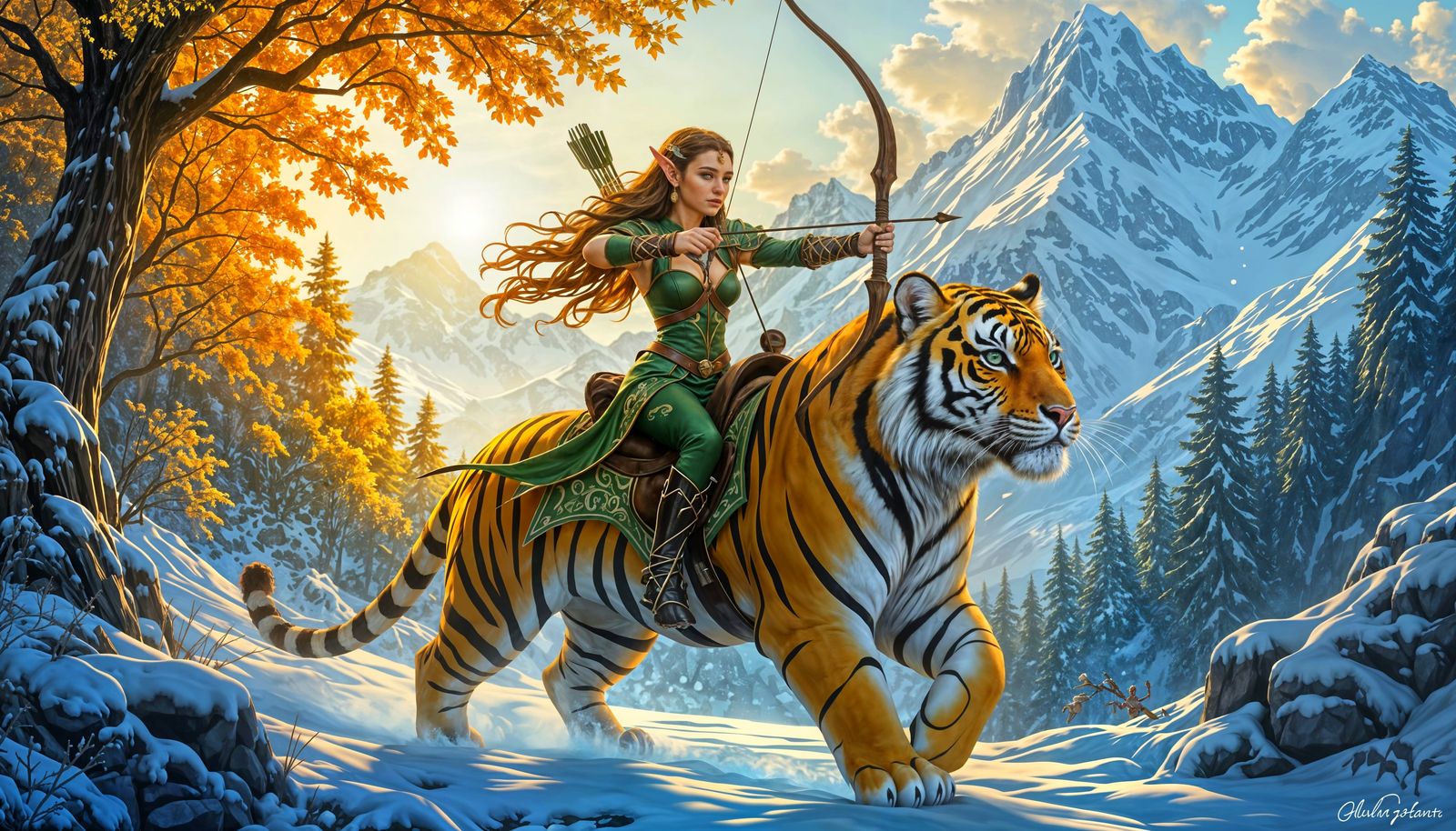 Fantasy Split Scene: Elf, Tiger, Forest, Blizzard
