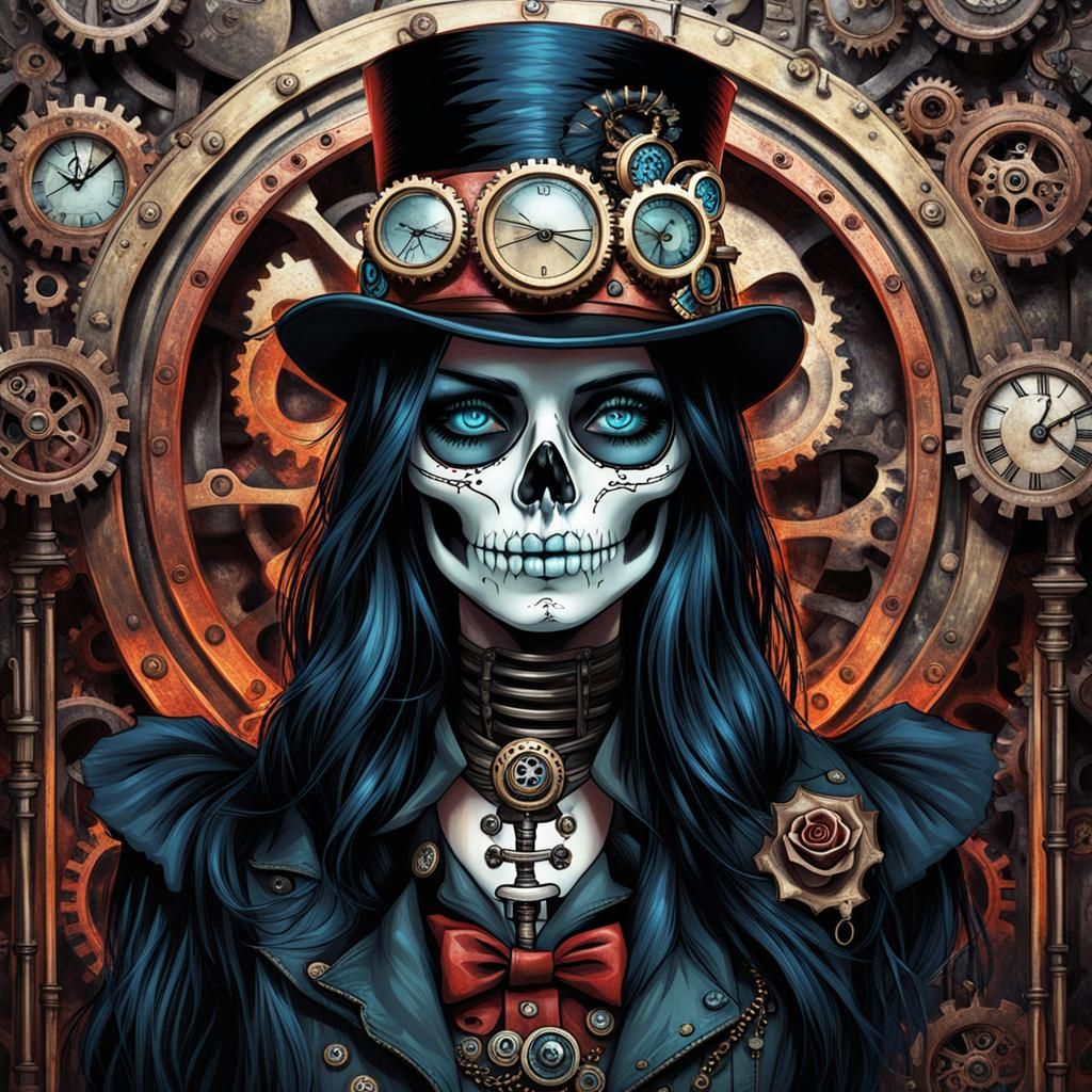 Steampunk Skeleton Girl with Blue Eyes